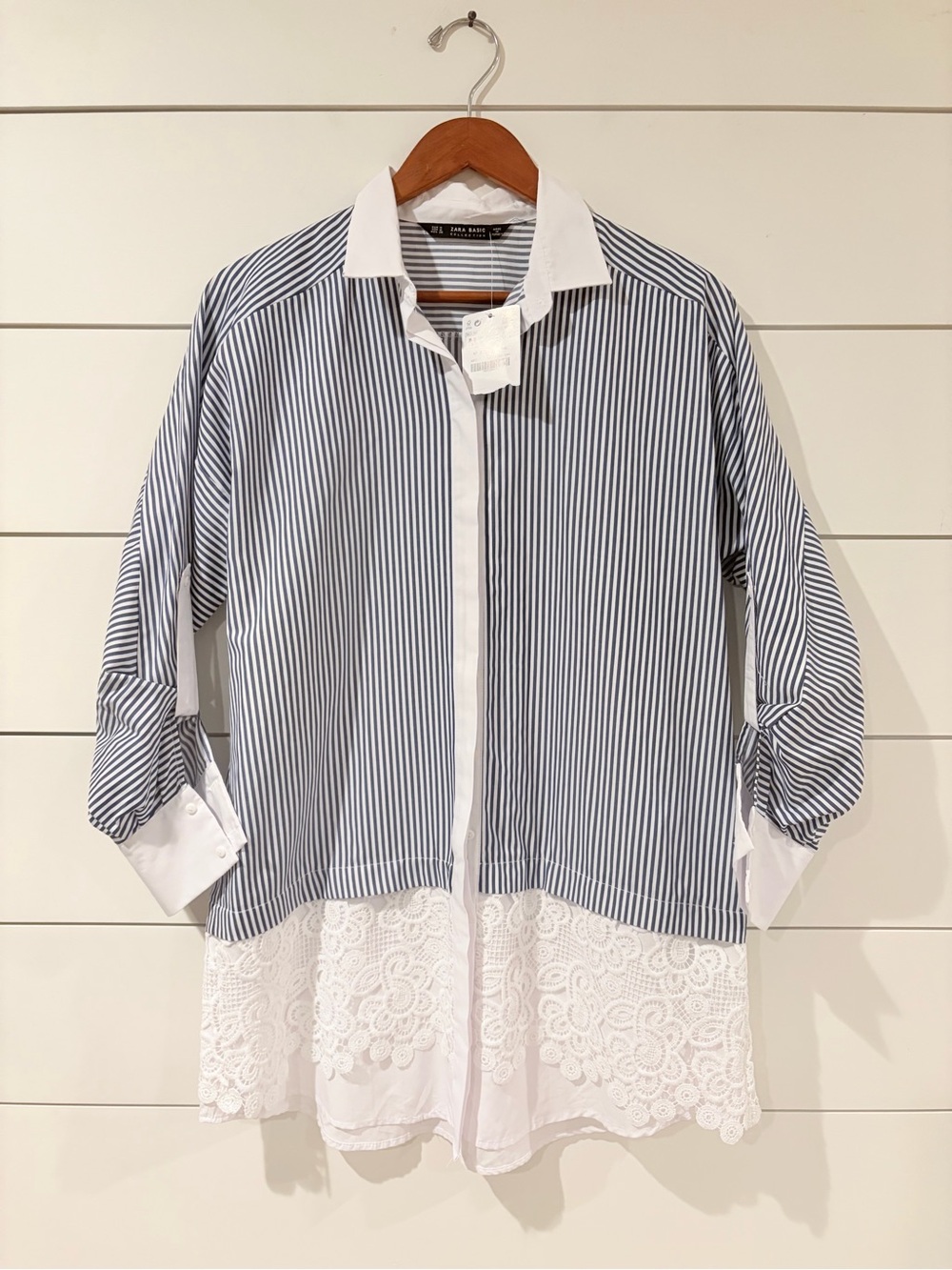 Zara NWT Striped Lace Button Down Shirt M Coastal Grandmother Cottagecore